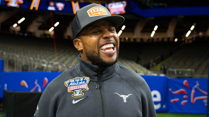 Texas running back coach Tashard Choice speaks to the press during Texas Media Day ahead of the Sugar Bowl in New Orleans, Louisiana, Dec. 30, 2023. The Texas Longhorns will take on the Washington Huskies in the College Football Playoff Semi-Finals on January 1. Texas running back coach Tashard Choice speaks to the press during Texas Media Day ahead of the Sugar Bowl in New Orleans, Louisiana, Dec. 30, 2023. The Texas Longhorns will take on the Washington Huskies in the College Football Playoff Semi-Finals on January 1.