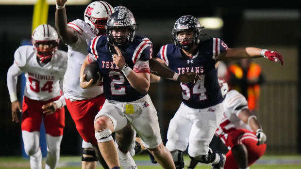 Wimberley's Cody Stoever runs in a UIL state semifinal loss to the Bellville on Dec. 8, 2023 in Pflugerville, Texas.