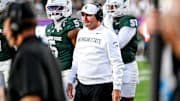 Michigan State's head coach Jonathan Smith look on against Western Michigan during the second quarter on Friday, Aug. 29, 2025, in East Lansing.