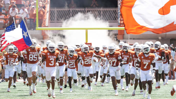 Texas Longhorns take the field before they take on Colorado State at Darrell K Royal-Texas Memorial Stadium in Austin Saturday, Aug. 31, 2024.