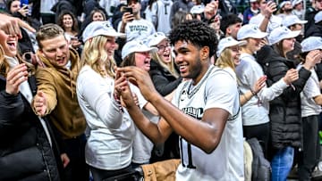 Michigan State's Jase Richardson celebrates win fans after the game against Oregon on Saturday, Feb. 8, 2025, at the Breslin Center East Lansing.