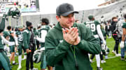 Michigan State's head coach Jonathan Smith leaves the file after the Spring Showcase on Saturday, April 20, 2024, at Spartan Stadium in East Lansing.