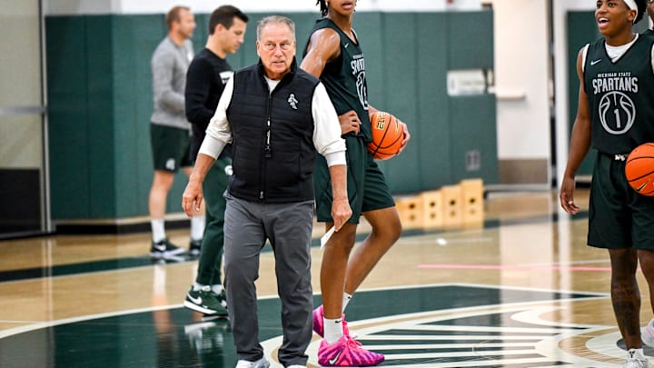 Michigan State's coach Tom Izzo looks on during the first day of basketball practice on Monday, Sept. 22, 2025, at the Breslin Center in East Lansing.