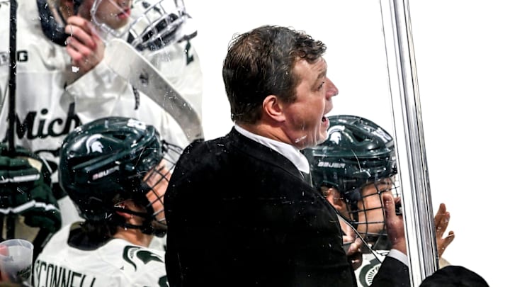 Michigan State's head coach Adam Nightingale calls out to players during the first period against Notre Dame in the Big Ten tournament on Saturday, March 15, 2025, at Muni Arena in East Lansing.