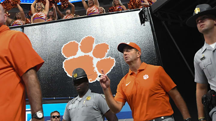 Aug 31, 2024; Atlanta, Georgia, USA;  Clemson head coach Dabo Swinney before the 2024 Aflac Kickoff Game with University of Georgia at Mercedes-Benz Stadium.