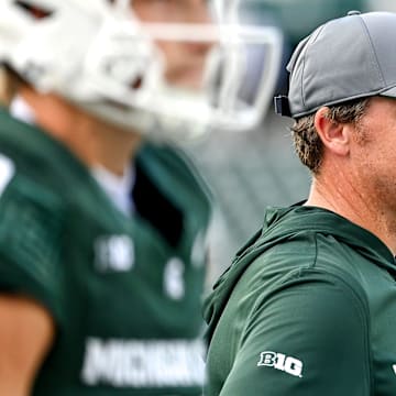 Michigan State's quarterbacks coach Jon Boyer looks on before the football game against Western Michigan on Friday, Aug. 29, 2025, in East Lansing.