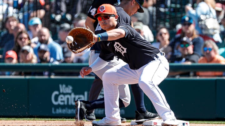 Tigers first baseman Keston Hiura catches the ball against the Yankees during the first inning of the Grapefruit League season opener at Joker Marchant Stadium in Lakeland, Florida, on Saturday, Feb. 24, 2024.