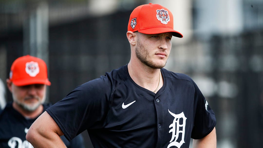 Detroit Tigers pitcher Matt Manning warms up during spring training at TigerTown in Lakeland, Fla., on Friday, Feb. 16, 2024.