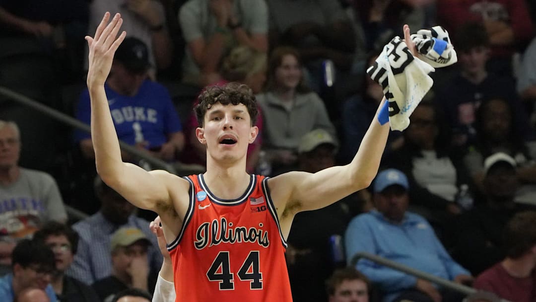 Illinois Fighting Illini center Zvonimir Ivisic (44) celebrates March 21, 2026 during the second half of the NCAA Men’s Basketball Tournament second round game with Illinois Fighting Illini at the Bon Secours Wellness Arena in Greenville, South Carolina.
