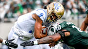 Michigan State's Wayne Matthews III, right, tackles UCLA's Nico Iamaleava during the second quarter on Saturday, Oct. 11, 2025, at Spartan Stadium in East Lansing.