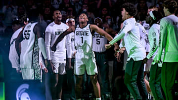 Michigan State's Jeremy Fears Jr., center, cheers as he is introduced before the game against Minnesota on Tuesday, Jan. 28, 2025, at the Breslin Center in East Lansing.
