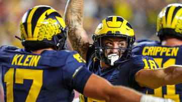 Michigan tight end Colston Loveland (18) celebrates his touchdown against Fresno State during the second half at Michigan Stadium in Ann Arbor on Saturday, Aug. 31, 2024.