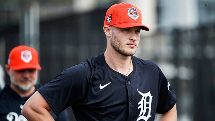 Detroit Tigers pitcher Matt Manning warms up during spring training at TigerTown in Lakeland, Fla., on Friday, Feb. 16, 2024.