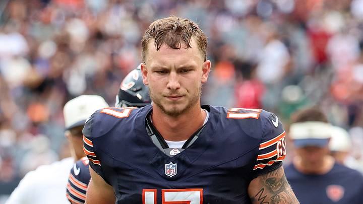 Chicago Bears quarterback Tyson Bagent (17) walks off the field.