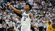 Michigan State's Cam Ward celebrates after an Arkansas foul during the second half on Saturday, Nov. 8, 2025, at the Breslin Center in East Lansing.