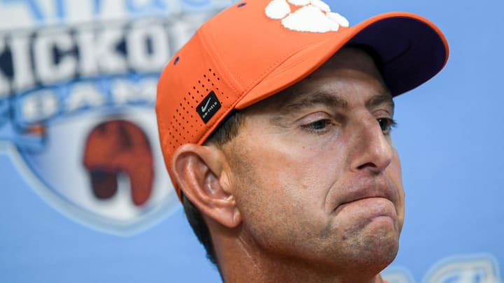 Aug 31, 2024; Atlanta, Georgia, USA; Clemson Tigers head coach Dabo Swinney talks with media after the 2024 Aflac Kickoff Game against the Georgia Bulldogs at Mercedes-Benz Stadium. Mandatory Credit: Ken Ruinard-USA TODAY Sports