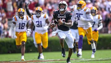 South Carolina quarterback LaNorris Sellers (16) runs for a touchdown against Louisiana State University during the second quarter at Williams-Brice Stadium in Columbia, S.C. Saturday, September 14, 2024.