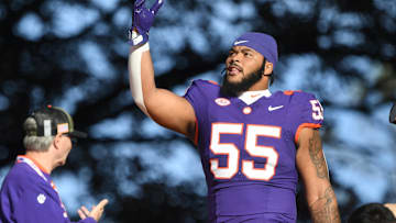 Nov 23, 2024; Clemson, South Carolina, USA; Clemson Tigers defensive tackle Payton Page (55) gets ready to run down the hill by himself as each senior is introduced on Senior Day before a game against The Citadel Bulldogs at Memorial Stadium. Mandatory Credit: Ken Ruinard-Imagn Images
