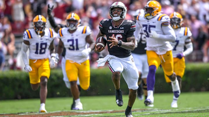South Carolina quarterback LaNorris Sellers (16) runs for a touchdown against Louisiana State University during the second quarter at Williams-Brice Stadium in Columbia, S.C. Saturday, September 14, 2024.
