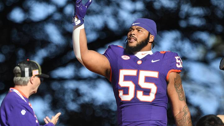 Nov 23, 2024; Clemson, South Carolina, USA; Clemson Tigers defensive tackle Payton Page (55) gets ready to run down the hill by himself as each senior is introduced on Senior Day before a game against The Citadel Bulldogs at Memorial Stadium. Mandatory Credit: Ken Ruinard-Imagn Images