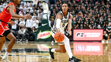 Michigan State's Jordan Scott passes the ball against Bowling Green during the second half on Thursday, Oct. 23, 2025, at the Breslin Center in East Lansing.