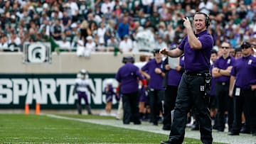 Northwestern head coach Pat Fitzgerald reacts to a play against Michigan State during the first half at Spartan Stadium, Saturday, Oct. 6, 2018.

Pat Fitzgerald