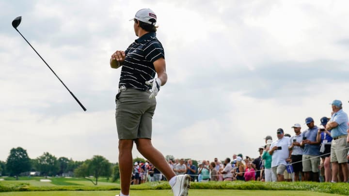 Charlie Woods, not happy with his drive on the 5th tee box on the North Course, ended up with a birdie at the 76th U.S. Junior Amateur Championship at Oakland Hills Country Club in Bloomfield Hills on Monday.