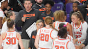 Nov 4, 2024; Clemson, SC, USA; Clemson Coach Shawn Poppie with the team playing Jackson State University during the fourth quarter at Littlejohn Coliseum in Clemson, S.C. Monday, Nov 4, 2024.  Mandatory Credit: Ken Ruinard/USA TODAY Network via Imagn Images 