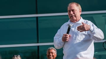 Michigan State Men's Head Basketball Coach Tom Izzo speaks to the crowd before the start of the Izzo Legacy 5K run Sunday, April 27, 2025.
