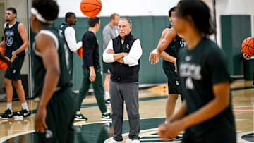 Michigan State's coach Tom Izzo watches during the first day of basketball practice on Monday, Sept. 22, 2025, at the Breslin Center in East Lansing.