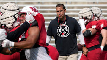 Wisconsin Badgers head coach Luke Fickell watches a drill.