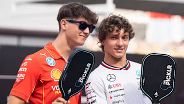 Oliver Bearman and Kimi Antonelli hang out in the Paddock at the Formula 1 Pirelli United States Grand Prix at Circuit of the Americas on Saturday, Oct. 19, 2024.
