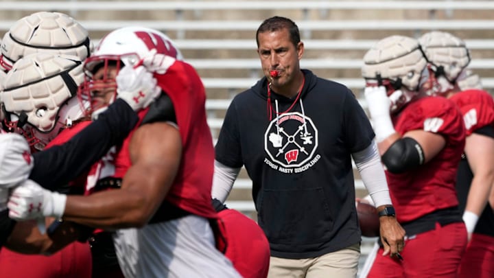 Wisconsin Badgers head coach Luke Fickell watches a drill.