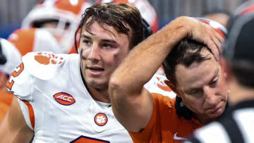 Aug 31, 2024; Atlanta, Georgia, USA; Clemson Tigers quarterback Cade Klubnik (2) and head coach Dabo Swinney react after Klubnik threw an interception against Georgia Bulldogs during the fourth quarter of the 2024 Aflac Kickoff Game at Mercedes-Benz Stadium