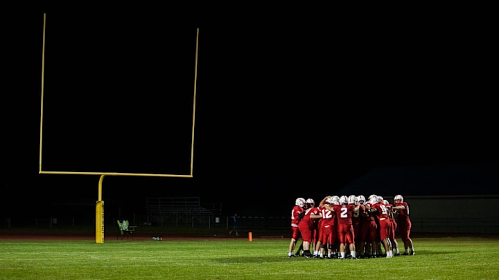 Rutland huddles together during the high school football game between the Rutland Raiders and the Essex Hornets at Essex High School on Friday night September 20, 2019 in Essex, Vermont.

Rutland Vs Essex Football 09 20 19
