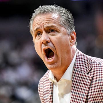 Arkansas' head coach John Calipari calls out to his players during the first half against Michigan State on Saturday, Nov. 8, 2025, at the Breslin Center in East Lansing.