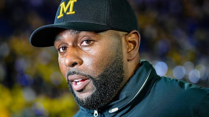 Michigan head coach Sherrone Moore speaks to the media after defeating Fresno State, 30-10, at Michigan Stadium in Ann Arbor on Saturday, Aug. 31, 2024.