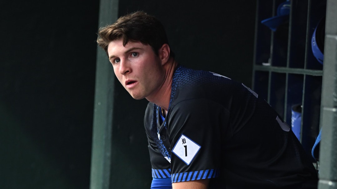 Aug 2, 2024; Detroit, Michigan, USA;  Detroit Tigers second baseman Colt Keith watches the action against the Kansas City Royals.