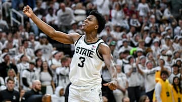 Michigan State's Cam Ward celebrates after an Arkansas foul during the second half on Saturday, Nov. 8, 2025, at the Breslin Center in East Lansing.
