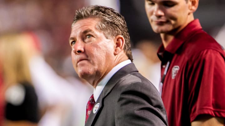 Sep 14, 2013; Columbia, SC, USA; South Carolina Gamecocks athletic director Ray Tanner watches the game against the Vanderbilt Commodores in the second quarter at Williams-Brice Stadium. 