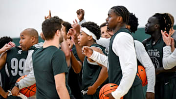 Michigan State's Jeremy Fears Jr., center, and the Spartans huddle up during the first day of basketball practice on Monday, Sept. 22, 2025, at the Breslin Center in East Lansing.