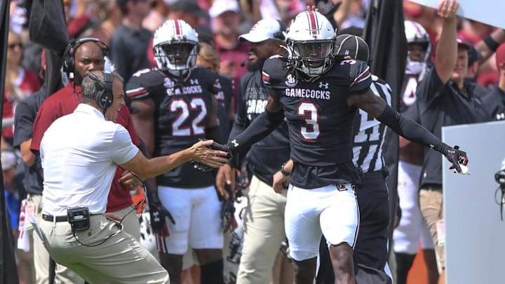 South Carolina Head Coach Shane Beamer congratulates South Carolina defensive back O'Donnell Fortune (3) after a defensive play during the first quarter at Williams-Brice Stadium in Columbia, S.C. Saturday, September 14, 2024.