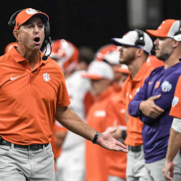 Aug 31, 2024; Atlanta, Georgia, USA; Clemson Tigers head coach Dabo Swinney reacts after a call by an official a during the first quarter of the 2024 Aflac Kickoff Game against the Georgia Bulldogs Bulldogs at Mercedes-Benz Stadium. 