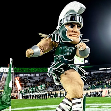 Sparty takes the field before Michigan State's football game against Purdue on Friday, Nov. 22, 2024, at Spartan Stadium in East Lansing.