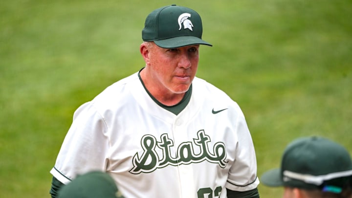 Michigan State's head coach Jake Boss Jr. heads to the dugout during the seventh inning in the game against Ohio State on Friday, April 18, 2025, at McLane Stadium in East Lansing.