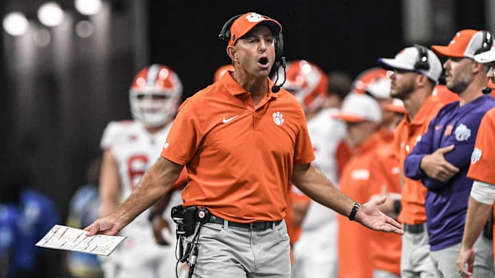 Aug 31, 2024; Atlanta, Georgia, USA; Clemson Tigers head coach Dabo Swinney reacts after a call by an official a during the first quarter of the 2024 Aflac Kickoff Game against the Georgia Bulldogs Bulldogs at Mercedes-Benz Stadium. 