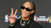 A'ja Wilson arrives at the NBA In-Season Tournament. 