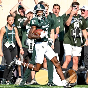 Michigan State's Charles Brantley heads to the end zone after an interception that was called back on a penalty during the second quarter in the game against Prairie View A&M on Saturday, Sept. 14, 2024, at Spartan Stadium in East Lansing.