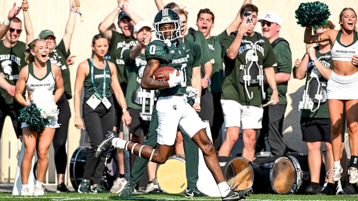 Michigan State's Charles Brantley heads to the end zone after an interception that was called back on a penalty during the second quarter in the game against Prairie View A&M on Saturday, Sept. 14, 2024, at Spartan Stadium in East Lansing.