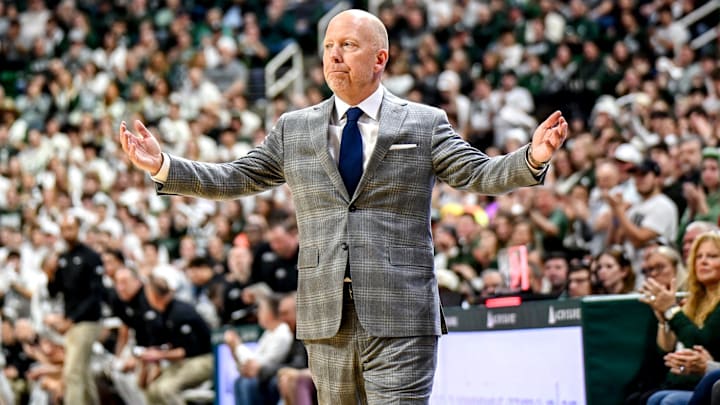 UCLA's head coach Mick Cronin reacts during the first half against Michigan State on Tuesday, Feb. 17, 2026, at the Breslin Center in East Lansing.